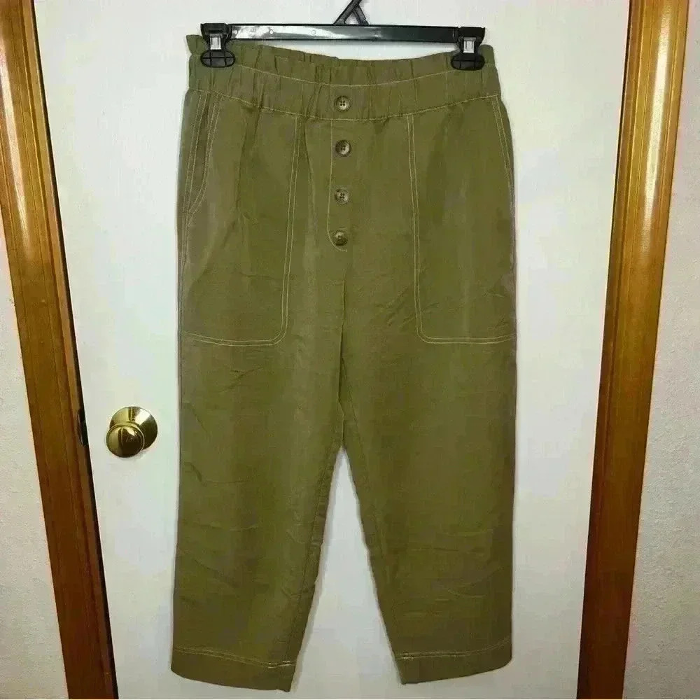 Zara Pull On Pants Women Large Khaki Elastic Wideband High-rise Button‎ Detail